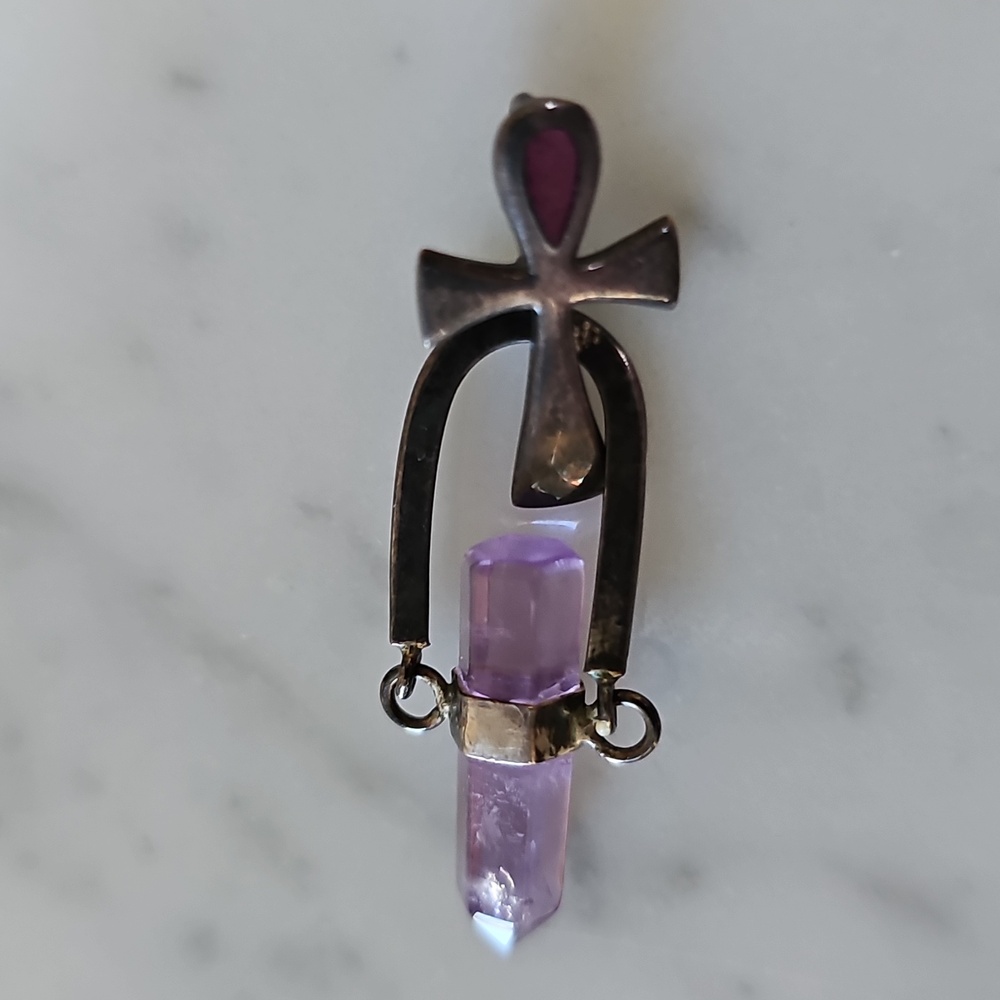 Amethyst Quartz & Ankh Sterling Silver Vintage Pendant - Picture 3 of 6